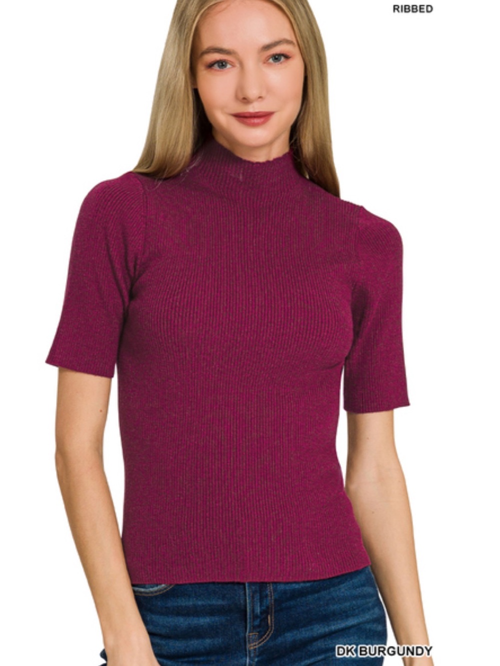 492 ❤️ burgundy SOFT STRETCHY VISCOSE MOCK RIBBED SWEATER
